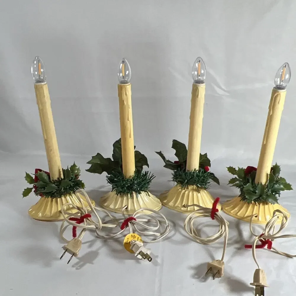 Vintage Set of 4 Plug-In Electric Christmas Window Candle Lights Holly Red Bows